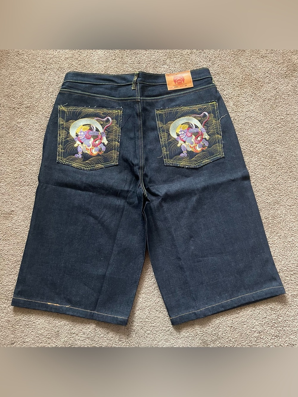 Y2K Red Monkey Company Denim Skater Shorts w/ Pocket Embroidery BNWT Size 38